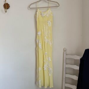 Yellow Maxi Slip Dress with White Lace Appliqué